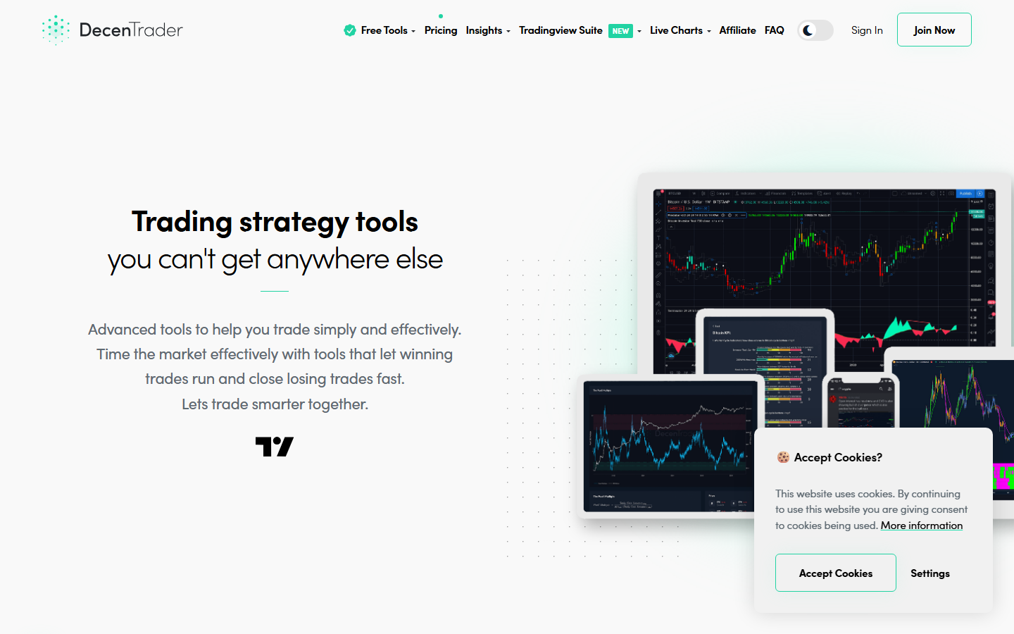 DecenTrader homepage showing Trading strategy tools, TradingView Suite integration, and multi-device charting interface, July 2026.