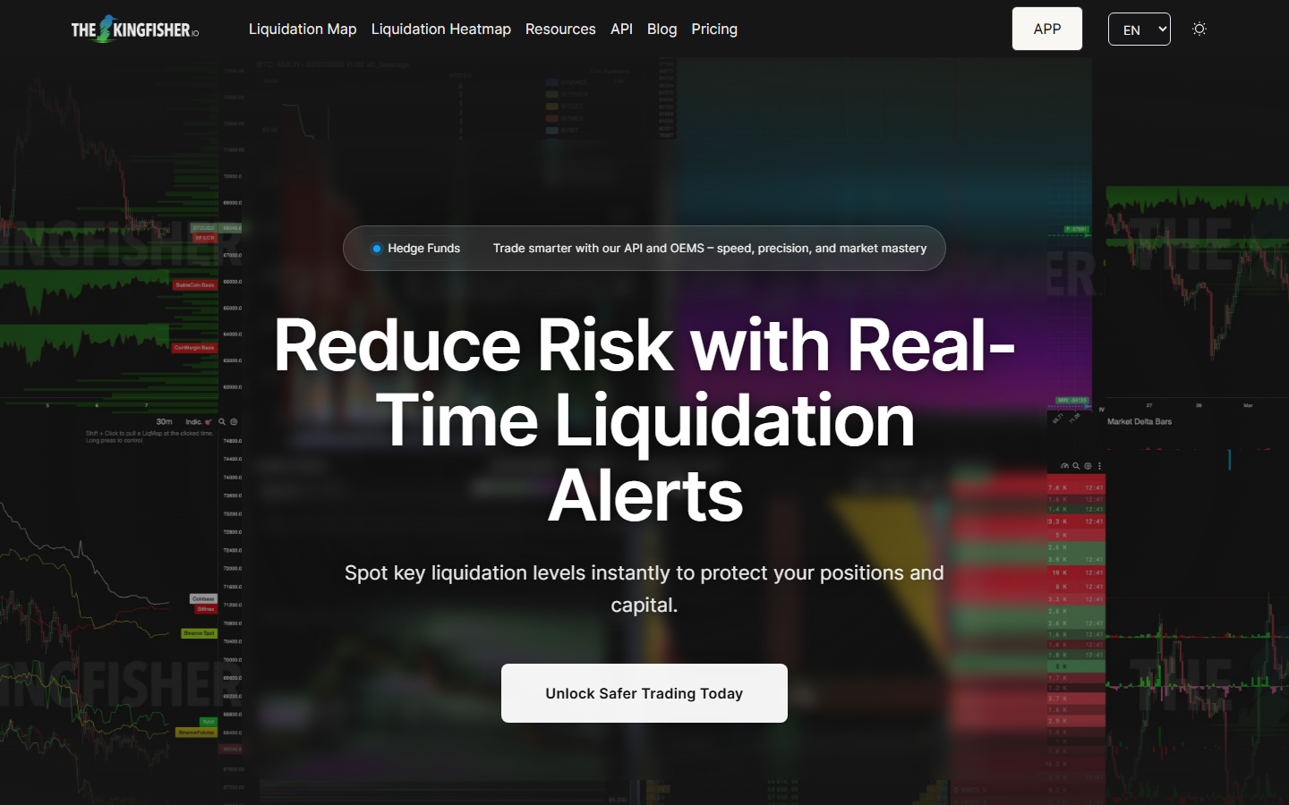 The Kingfisher homepage showing Liquidation Map and Heatmap navigation, Hedge Funds API banner, and real-time liquidation alert positioning, July 2026.